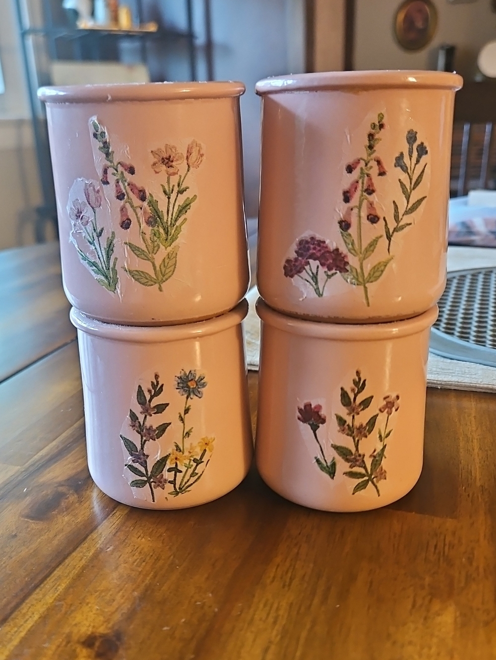La Fermiere Reuseable Ceramic Jars W/ Decopaged Floral Design.  Set Of 4